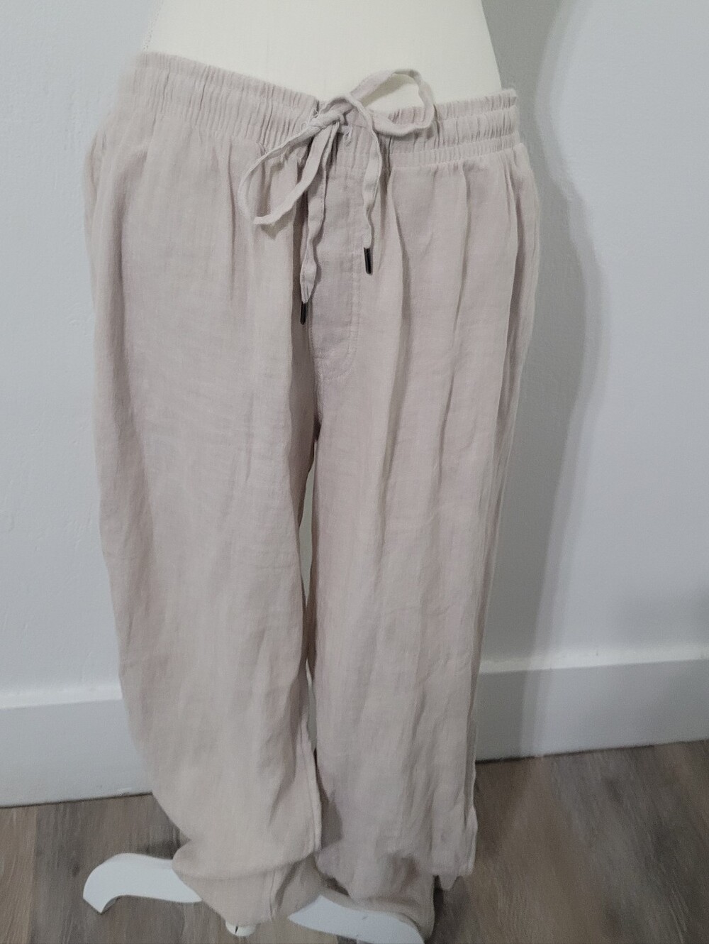 100% Linen Relaxed Fit Pants Size Large Oatmeal Pockets Natural Fibers